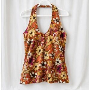 SO Halter Tank Top Floral XL Orange Pink Retro Boho Y2K Stretch Knit